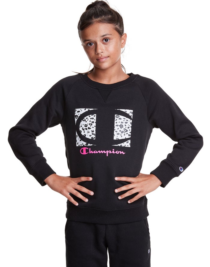 Champion Fleece Raglan Crew Leopard Knockout Logo - Tytön Mustat Huppari - Suomi 8567312-QN